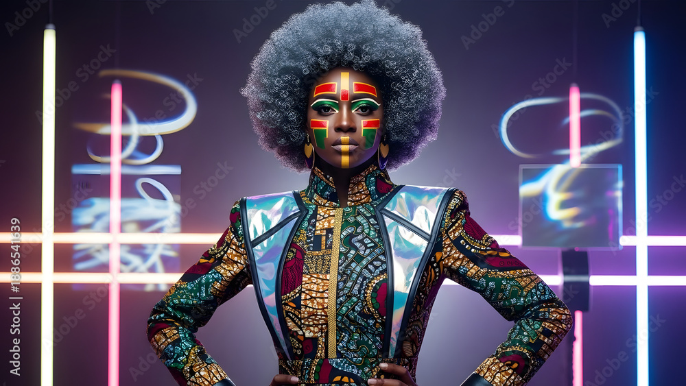 Fototapeta premium Afrocentric futuristic fashion portrait of black woman with metallic afro and Pan-African face paint in neon studio