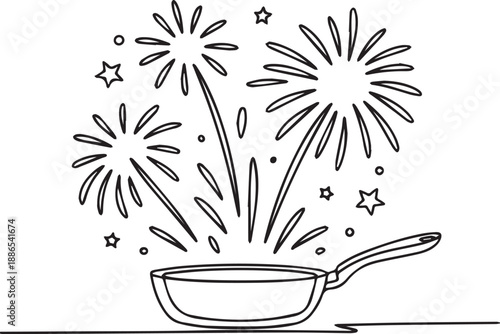 Fireworks Exploding from a Frying Pan on a Flat Surface Line Art Illustration