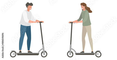 Man woman moving on electric kick scooter vector modern graphic illustration design, people on escooter isolated cut out image clip art set
