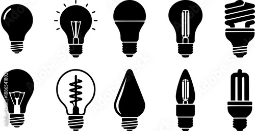 A set of black light bulb icons on transparent background