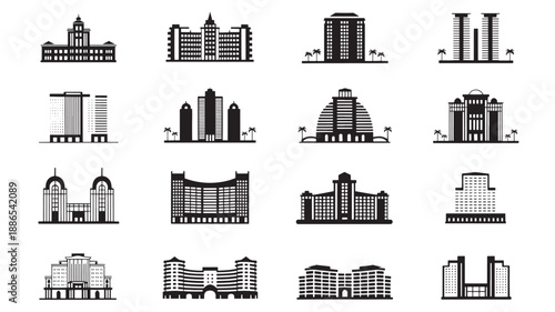 Collection of various building silhouettes and architectural designs in black and white