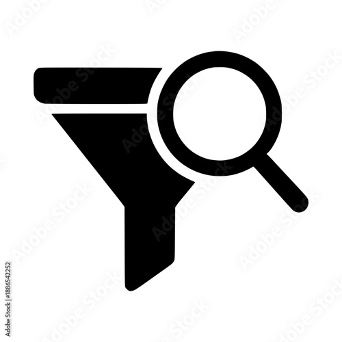 Funnel with magnifying glass icon, data analysis, and lead filtering concept