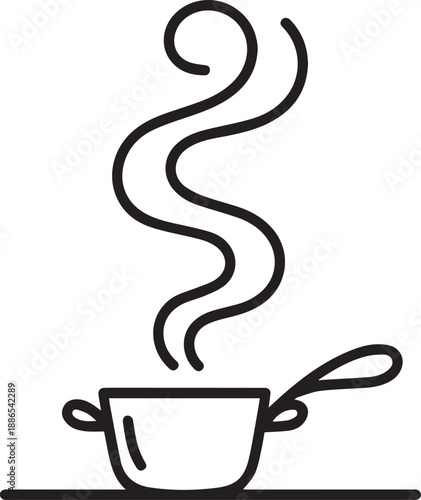 Steaming pot with spoon on a kitchen counter, viewed from the side, simple illustration