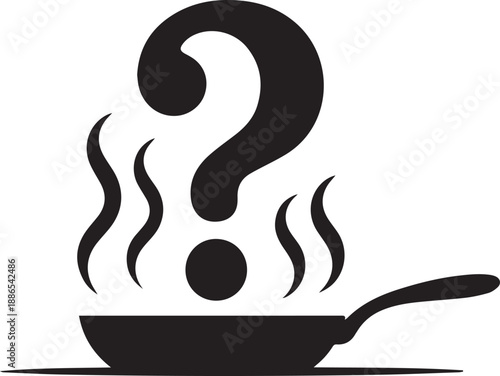 A steaming hot pan with a mysterious question mark rising from it viewed from the side