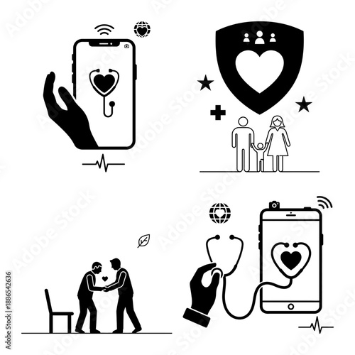 Emergency mobile health icon set with ambulance telemedicine phone global heart and health shield badge