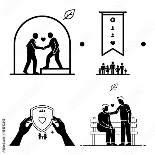 Family shield and telehealth protection icons with hands around smartphone health coverage and global care