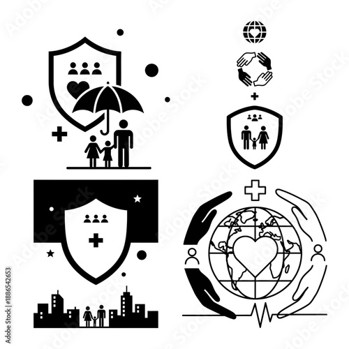 Global health coverage icon set with shield globe heart medical network and telecare desk support