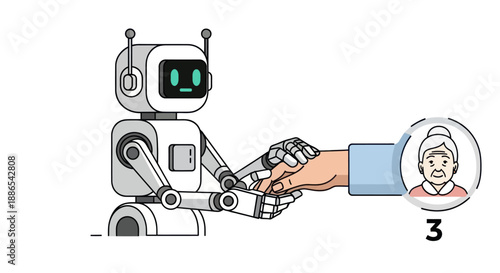 White Robot Holding Human Hand Assisting Elderly Woman Icon.
