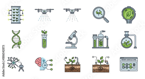A colorful set of flat line icons for agricultural technology smart farming and biotechnology research.