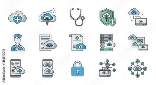Digital Healthcare Cloud Data Security and Medical Technology Icons Collection.