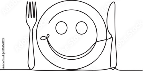 A simple line drawing of a smiley face on a plate with utensils in a minimalist setting