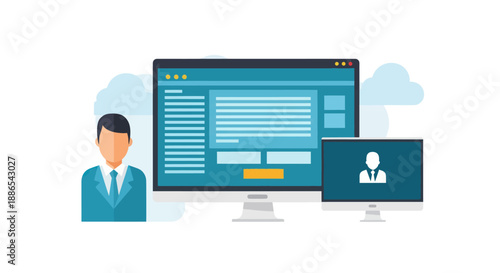 Vector illustration of a user account dashboard on a desktop computer with a professional user icon and cloud symbols.