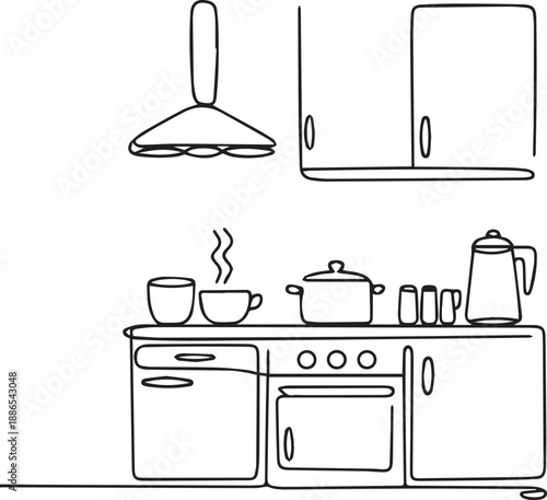 Modern kitchen line art illustration with appliances, cup, kettle, and cabinet from a front viewpoint