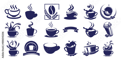 Collection of Dark Blue Coffee Cup and Coffee Bean with Splashes and Steam