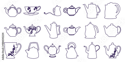 Collection of Diverse Teapots and Cups in Outline Style