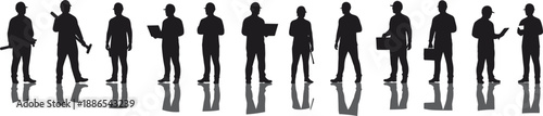 Construction worker silhouettes in varied poses with tools and reflections, hard hats, industry roles, teamwork concept, industrial safety, equipment icons