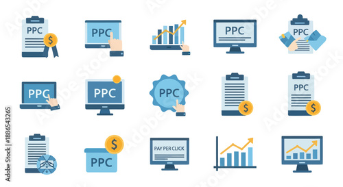 Set of flat design vector icons representing Pay-Per-Click PPC digital marketing online advertising and business analytics.