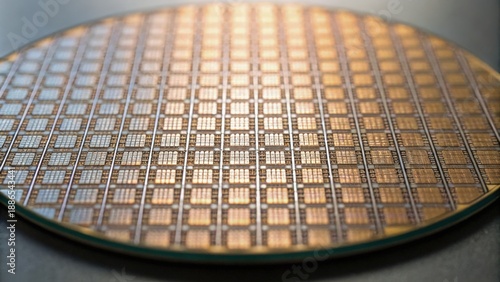 Integrated Circuit Silicon wafer with intricate pattern and reflective surface.