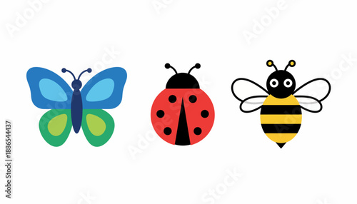 Three cartoon insects: a colorful butterfly, a red ladybug, and a yellow bee, illustrated in a simple, flat design on a white background.