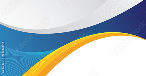 Dynamic abstract background featuring flowing blue, white, gray, and yellow curves for modern corporate branding