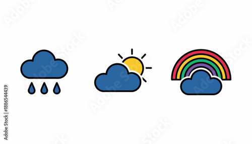 Three distinct weather icons depicting different atmospheric conditions: a rainy cloud, a partly sunny cloud, and a cloud with a vibrant rainbow.