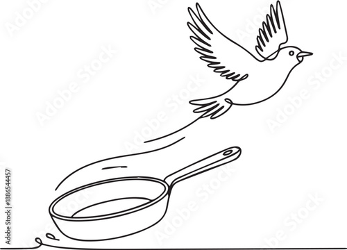 Bird flying away from a frying pan illustration