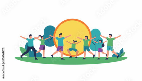 Diverse group of people, including adults and children, exercising outdoors together, stretching and doing yoga poses in a park setting with trees and a bright sun.