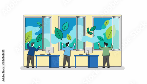 Three people in an office opening windows to bring fresh air and nature indoors, promoting a healthy and green work environment.