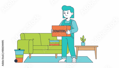 A person holding a donation box in a living room setting with a sofa, side table, and plant, illustrating charity and decluttering.