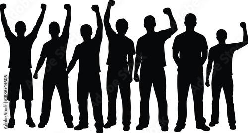 Black silhouettes of a group of men standing together with raised fists, protest, success, solidarity, and victory isolated on white background.