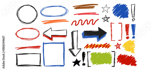 Hand-drawn elements arrows, circles, frames, and lines for design and annotation