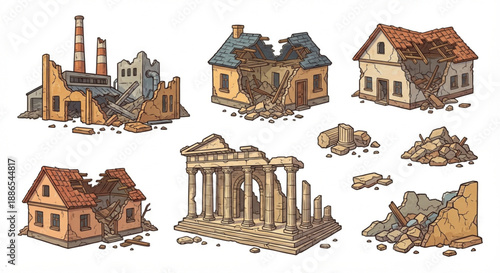 Collection of Ruined and Collapsed Buildings Post-Disaster Scenes and Ancient Architectural Debris