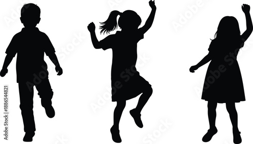Black silhouettes of happy children jumping and dancing, joyful boy and girls playing together 