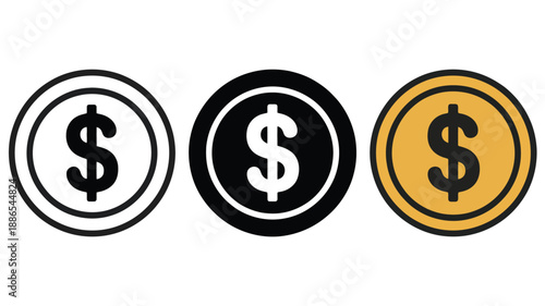 Stylized dollar coins in outline solid black and gold colors currency money
