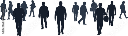 Black silhouettes of diverse people walking and commuting in the city, group of urban pedestrians isolated on white background for design.