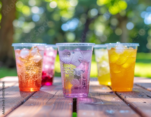 Colorful drinks in plastic cups with ice on a wooden table outdoors