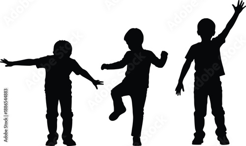 Black silhouettes of happy children playing, jumping and dancing together, group of active kids isolated on white background for childhood.