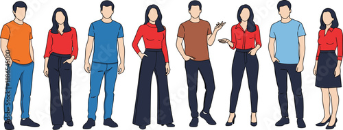 Group of diverse young people standing in casual outfits isolated on white background, flat vector illustration of friends or colleagues.