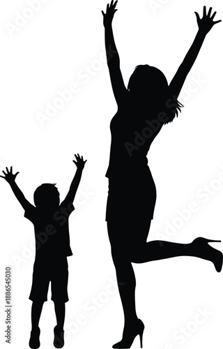 Mother and child jumping silhouette, happy family bonding moment, parenthood love concept, isolated black figures on white background