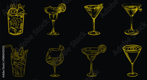 Yellow Line Cocktails on Black Background