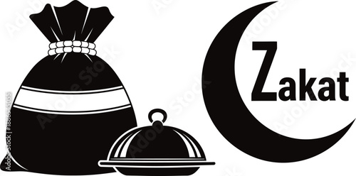 Zakat charity symbol with crescent moon and food