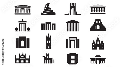 Collection of architectural building icons displayed in a grid on a clean background