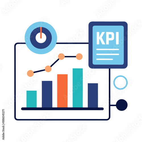 Flat design kpi dashboard with bar chart and timer