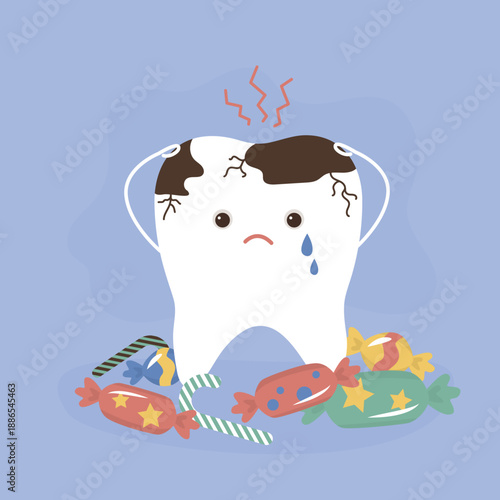 Sweets harm healthy teeth. Candy and chocolate tooth equals caries. Eating a lot of sugar is dangerous to health. Dental concept, oral health
