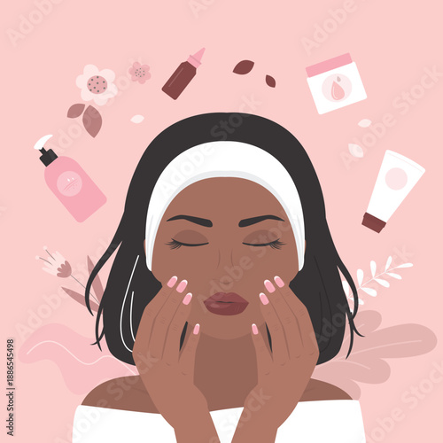 Woman touching face nourish dry skin with moisturizer cream. Lady applying cleansing, moisturizing cream on face skin. Girl with various facial skincare essentials,