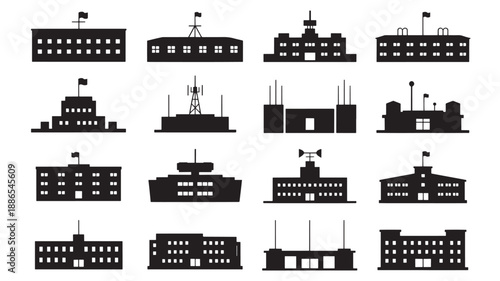 Collection of industrial building silhouettes against a plain background from various viewpoints