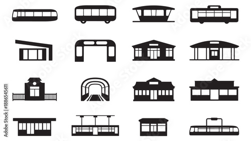 Collection of Transport Icons Featuring Buses and Buildings in Simple Vector Illustrations