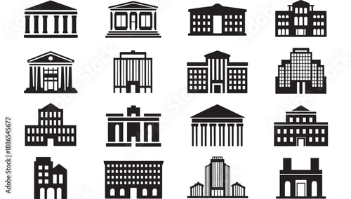 Collection of various government and institutional building illustrations in black and white from different viewpoints