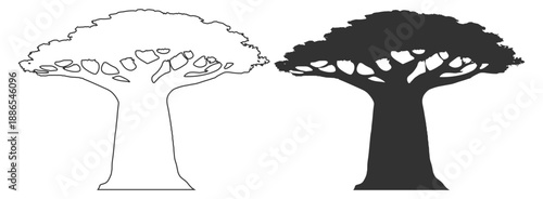 Baobab tree silhouettes, africa savanna nature landscape vector set, ancient massive trunk canopy roots dry arid wilderness habitat ecology environment outdoor scenery on transparent background