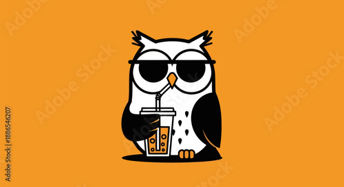 Cartoon owl drinking beverage on orange background
